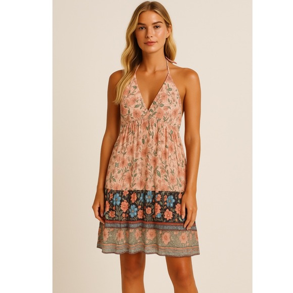 Floral Halter Dress Saints + Secrets Peach Pink Bohemian Boho Casual Size Medium - Picture 1 of 9
